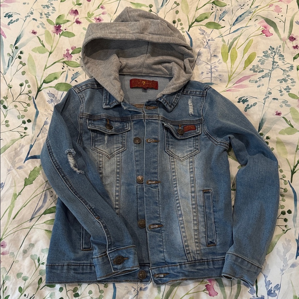7 For All Mankind Blue Denim Jacket with Gray Hood